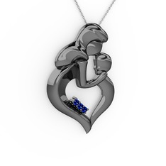 Anne Çocuk Kalp Kolye - Lab safir 925 ayar siyah rodyum kaplama gümüş kolye (40 cm beyaz altın rolo zincir) #e2stvl