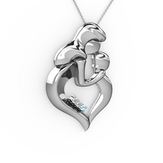 Anne Çocuk Kalp Kolye - Pırlanta ve akuamarin 925 ayar gümüş kolye (0.03 karat, 40 cm beyaz altın rolo zincir) #f5pfhx