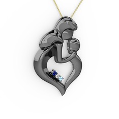 Lab safir, akuamarin ve beyaz zirkon 925 ayar siyah rodyum kaplama gümüş kolye (40 cm altın rolo zincir)