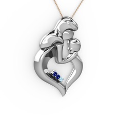 Anne Çocuk Kalp Kolye - Lab safir ve akuamarin 14 ayar beyaz altın kolye (40 cm rose altın rolo zincir) #haa1cj
