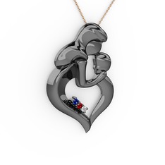 Anne Çocuk Kalp Kolye - Lab safir, beyaz zirkon ve garnet 925 ayar siyah rodyum kaplama gümüş kolye (40 cm gümüş rolo zincir) #hfg6y1