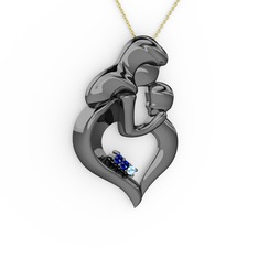 Lab safir ve akuamarin 925 ayar siyah rodyum kaplama gümüş kolye (40 cm altın rolo zincir)