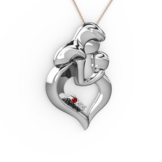Anne Çocuk Kalp Kolye - Garnet, pırlanta ve beyaz zirkon 18 ayar beyaz altın kolye (0.015 karat, 40 cm rose altın rolo zincir) #idhp8i