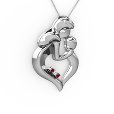 Anne Çocuk Kalp Kolye - Garnet ve akuamarin 18 ayar beyaz altın kolye (40 cm beyaz altın rolo zincir) #if5gal