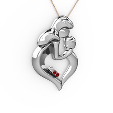 Anne Çocuk Kalp Kolye - Pırlanta ve garnet 14 ayar beyaz altın kolye (0.015 karat, 40 cm rose altın rolo zincir) #jdrprr