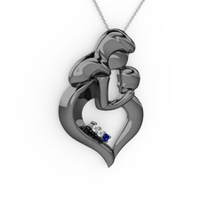 Anne Çocuk Kalp Kolye - Beyaz zirkon, lab safir ve pırlanta 925 ayar siyah rodyum kaplama gümüş kolye (0.015 karat, 40 cm beyaz altın rolo zincir) #kepn7j