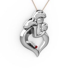 Anne Çocuk Kalp Kolye - Pırlanta, garnet ve beyaz zirkon 14 ayar beyaz altın kolye (0.015 karat, 40 cm rose altın rolo zincir) #ml3dpv