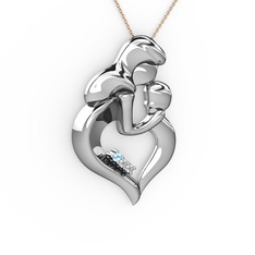 Anne Çocuk Kalp Kolye - Akuamarin, beyaz zirkon ve pırlanta 925 ayar gümüş kolye (0.015 karat, 40 cm gümüş rolo zincir) #ov0jrz