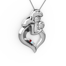 Garnet, pırlanta ve akuamarin 8 ayar beyaz altın kolye (0.015 karat, 40 cm gümüş rolo zincir)