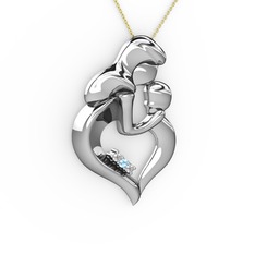 Anne Çocuk Kalp Kolye - Beyaz zirkon, pırlanta ve akuamarin 14 ayar beyaz altın kolye (0.015 karat, 40 cm altın rolo zincir) #ueeo9n