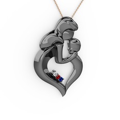 Anne Çocuk Kalp Kolye - Beyaz zirkon, lab safir ve garnet 925 ayar siyah rodyum kaplama gümüş kolye (40 cm rose altın rolo zincir) #upc5j8