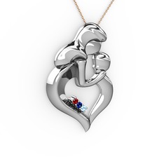 Anne Çocuk Kalp Kolye - Garnet, akuamarin ve lab safir 14 ayar beyaz altın kolye (40 cm rose altın rolo zincir) #y231oe