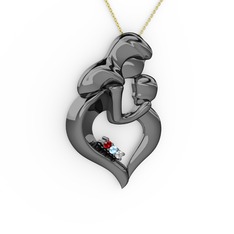 Anne Çocuk Kalp Kolye - Garnet, pırlanta ve akuamarin 925 ayar siyah rodyum kaplama gümüş kolye (0.015 karat, 40 cm altın rolo zincir) #yfu4ba