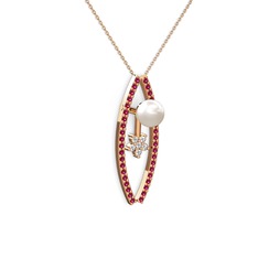 Lenta İnci Kolye - Inci, rodolit garnet ve pırlanta 14 ayar rose altın kolye (0.066 karat, 40 cm rose altın rolo zincir) #102p7nl
