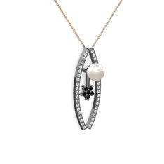 Lenta İnci Kolye - Inci, swarovski ve siyah zirkon 925 ayar siyah rodyum kaplama gümüş kolye (40 cm rose altın rolo zincir) #104c1dt