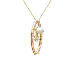 Inci, pembe kuvars ve swarovski 14 ayar altın kolye (40 cm altın rolo zincir)