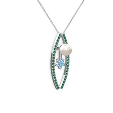 Lenta İnci Kolye - Inci, yeşil kuvars ve akuamarin 14 ayar beyaz altın kolye (40 cm gümüş rolo zincir) #107e8tw
