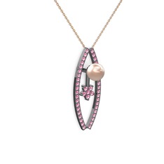 Lenta İnci Kolye - Pembe inci ve pembe kuvars 925 ayar siyah rodyum kaplama gümüş kolye (40 cm rose altın rolo zincir) #109bwpv