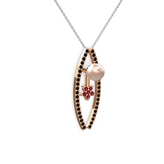 Lenta İnci Kolye - Pembe inci, siyah zirkon ve rodolit garnet 8 ayar rose altın kolye (40 cm beyaz altın rolo zincir) #109xnhg