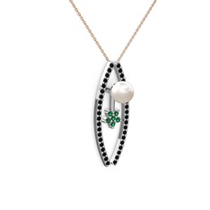 Lenta İnci Kolye - Inci, siyah zirkon ve yeşil kuvars 8 ayar beyaz altın kolye (40 cm rose altın rolo zincir) #10aczfw