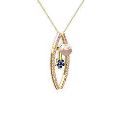 Pembe inci, pembe kuvars ve lab safir 14 ayar altın kolye (40 cm altın rolo zincir)