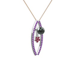 Siyah inci, ametist ve rodolit garnet 18 ayar beyaz altın kolye (40 cm rose altın rolo zincir)