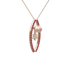 Lenta İnci Kolye - Pembe inci, rodolit garnet ve pırlanta 8 ayar rose altın kolye (0.066 karat, 40 cm gümüş rolo zincir) #114unzu