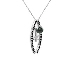 Lenta İnci Kolye - Siyah inci, siyah zirkon ve swarovski 925 ayar gümüş kolye (40 cm beyaz altın rolo zincir) #11ctjpj