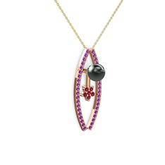 Lenta İnci Kolye - Siyah inci, ametist ve rodolit garnet 14 ayar rose altın kolye (40 cm altın rolo zincir) #11dk2td