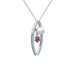 Inci, akuamarin ve rodolit garnet 8 ayar beyaz altın kolye (40 cm rose altın rolo zincir)