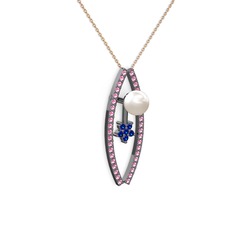 Lenta İnci Kolye - Inci, pembe kuvars ve lab safir 925 ayar siyah rodyum kaplama gümüş kolye (40 cm rose altın rolo zincir) #11nelr5