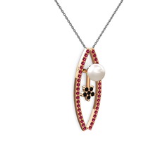 Lenta İnci Kolye - Inci, rodolit garnet ve siyah zirkon 18 ayar rose altın kolye (40 cm gümüş rolo zincir) #11r3mfp