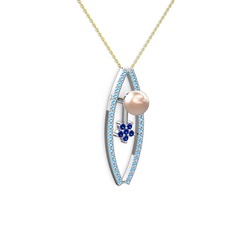 Pembe inci, akuamarin ve lab safir 18 ayar beyaz altın kolye (40 cm gümüş rolo zincir)
