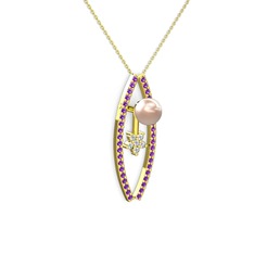 Lenta İnci Kolye - Pembe inci, ametist ve swarovski 8 ayar altın kolye (40 cm altın rolo zincir) #11z9kjk