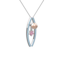 Pembe inci, akuamarin ve pembe kuvars 8 ayar beyaz altın kolye (40 cm beyaz altın rolo zincir)