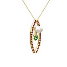 Lenta İnci Kolye - Inci, rodolit garnet ve yeşil kuvars 18 ayar altın kolye (40 cm altın rolo zincir) #12d3xcj