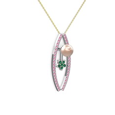 Pembe inci, pembe kuvars ve yeşil kuvars 925 ayar gümüş kolye (40 cm altın rolo zincir)