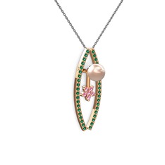 Pembe inci, yeşil kuvars ve pembe kuvars 14 ayar rose altın kolye (40 cm gümüş rolo zincir)