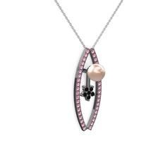 Lenta İnci Kolye - Pembe inci, pembe kuvars ve siyah zirkon 925 ayar siyah rodyum kaplama gümüş kolye (40 cm gümüş rolo zincir) #12qjp76