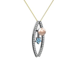 Lenta İnci Kolye - Pembe inci, pırlanta ve akuamarin 925 ayar siyah rodyum kaplama gümüş kolye (0.3 karat, 40 cm altın rolo zincir) #12vwrq2