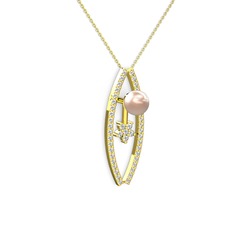 Lenta İnci Kolye - Pembe inci, pırlanta ve swarovski 925 ayar altın kaplama gümüş kolye (0.3 karat, 40 cm altın rolo zincir) #134keei