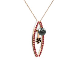 Siyah inci, rodolit garnet ve siyah zirkon 925 ayar rose altın kaplama gümüş kolye (40 cm rose altın rolo zincir)