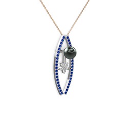 Lenta İnci Kolye - Siyah inci, lab safir ve swarovski 925 ayar gümüş kolye (40 cm gümüş rolo zincir) #1360oz0