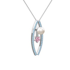 Lenta İnci Kolye - Inci, akuamarin ve pembe kuvars 14 ayar beyaz altın kolye (40 cm beyaz altın rolo zincir) #13gwlp8