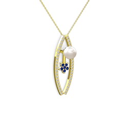 Lenta İnci Kolye - Inci, swarovski ve lab safir 925 ayar altın kaplama gümüş kolye (40 cm altın rolo zincir) #13lrcp8