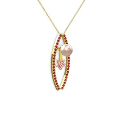 Lenta İnci Kolye - Pembe inci, rodolit garnet ve pembe kuvars 18 ayar altın kolye (40 cm altın rolo zincir) #13msv30