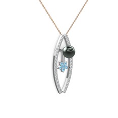 Siyah inci, swarovski ve akuamarin 14 ayar beyaz altın kolye (40 cm gümüş rolo zincir)