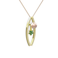 Lenta İnci Kolye - Pembe inci, swarovski ve yeşil kuvars 18 ayar altın kolye (40 cm rose altın rolo zincir) #13vx7fl