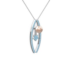 Pembe inci ve akuamarin 925 ayar gümüş kolye (40 cm beyaz altın rolo zincir)