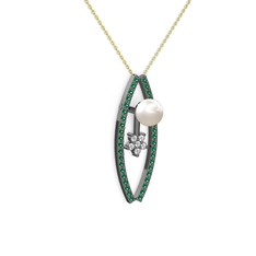 Lenta İnci Kolye - Inci, yeşil kuvars ve pırlanta 925 ayar siyah rodyum kaplama gümüş kolye (0.066 karat, 40 cm altın rolo zincir) #147kgzx